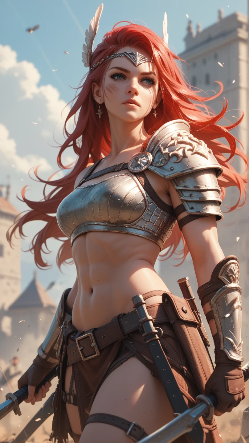 (looking at viewer:2),(1girl,full body,trained abdominal muscles,beautiful breasts,(gigantic breasts),pale skin,(pointy breasts:1.2),erect nipples,sweat,(outstretched hand:1.2)),((clothed:1.2),leather boots,(carbon waist-cape armor:1.5),belt sword,(embroidered rash guard:1.5),(long silk sarong:1.2))),(((photo realistic:1.2),high resolution,best quality,masterpiece)),((extra long hair:1.5),hair blowing in the wind,blunt bangs,(extra light coppery red hair,highlight color),hair over one eye),(face forward:1.5,prepare a sword)