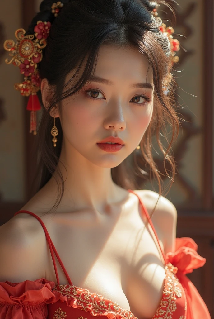 wide angle photography shot by Nikon-z9, (50mm lens, f/1.4, ISO 100), A woman model wears a Mandarin gown red color, celebrate the Chinese New Year, (RAW photo:1.2), (photorealistic:1.4), (masterpiece:1.2), (intricate detailed), (best quality:1.2), (professional photography), (realistic:1.5), (soft light:1.3), (defuse lighting:0.7), (ambient lighting:0.6), (rim lighting,:1.2), fine textures, (depth of field:1.2), (bokeh:1.2), (face focus:1.5), film overlay, film grai