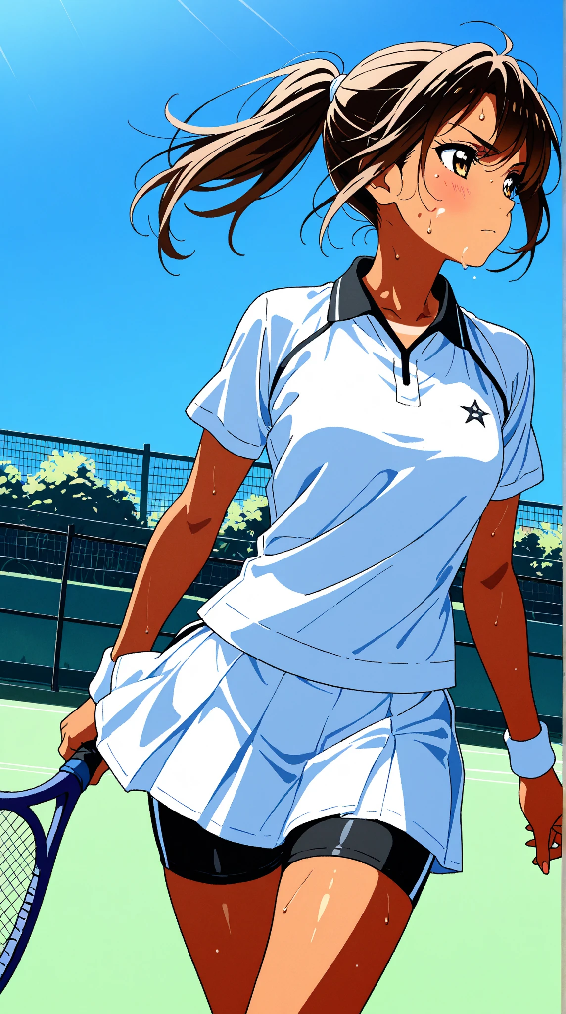 1girl, solo, white polo shirt, white sneakers, tennis wear, white mini skirt, masterpiece, best quality, realistic, ultra-detailed, (shiny skin, sweating: 1.4), ridiculous, looking at the audience, short black hair, brown eyes, slender, dynamic light and shadow, high resolution, sharp focus, depth of field, fine eyes, sharp pupils, realistic pupils, (small breasts: 1.6), (thick thighs: 1.0), outdoors, sky,
