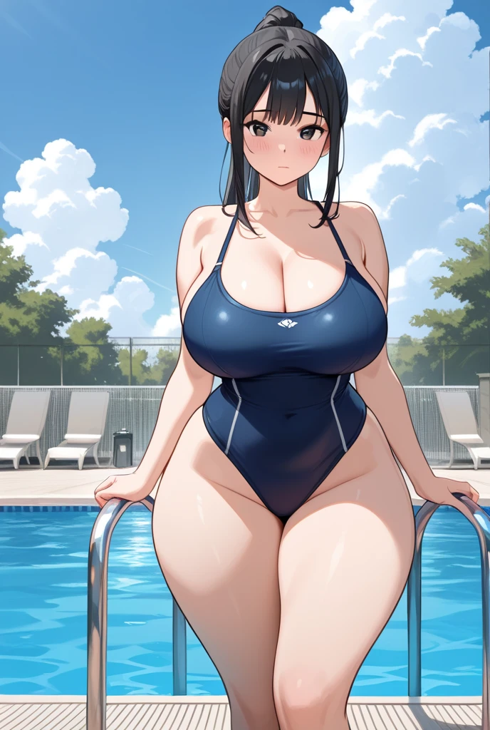 Yoshitsu Island, Yoshiko Tsushima, Blue Hair, Hair Bun, (Purple eyes:1.1), One-sided bun, bangs, Long Hair, Bow, from above, pool, sunlight, curvy, aroused, long tongue, large breasts, school swimsuit, Wet, leaning forward
