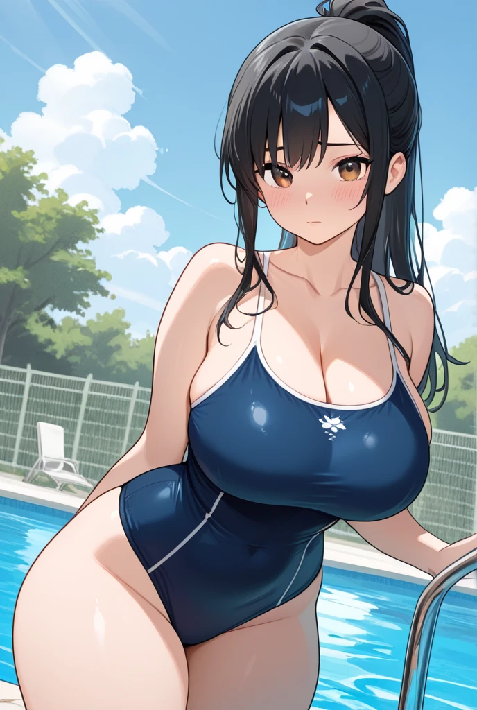 (Magazine cover),wavy hair,Japanese mature swimming coach, Bright big eyes(Wearing a black high-cut swimsuit),(Tanned skin),Blushing，Sweat all over the body，Perfect breasts，Perfect body，Wet，Swimming pool,uhd, masterpiece, high details, high quality, best quality, highres