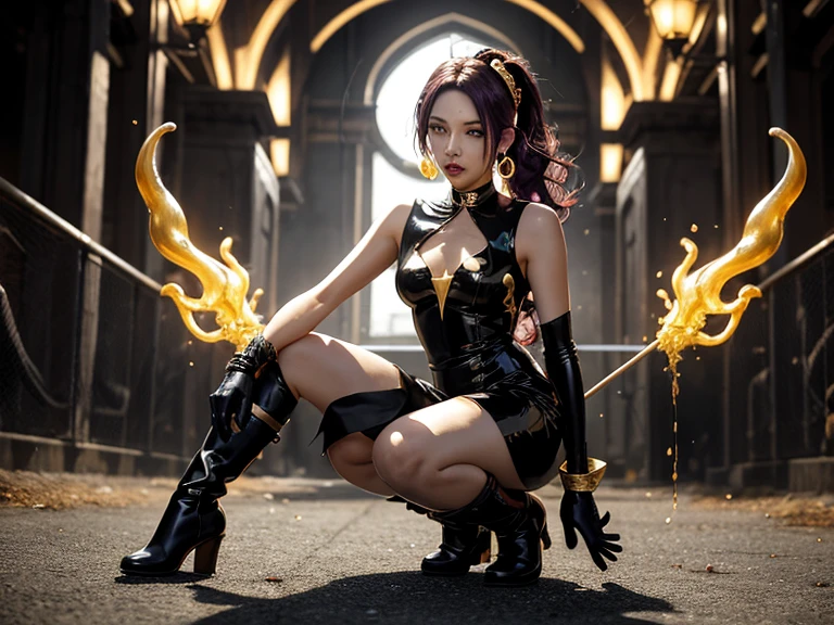 Aurora, world absurdly beautifully girl[angelababy, jisoo:1.3] is a skilled warrior or fighter who lives in a futuristic world where humans have advanced technology and live in large, sprawling cities. She is a resident of one of these cities, which is home to a large population of people who rely on technology and advanced weapons to survive. Aurora is a member of a group of warriors or fighters who protect the city from threats both internal and external. She is known for her bravery and skill in combat, and is respected by her fellow warriors and the citizens of the city. Despite the danger and violence of her profession, Aurora is a compassionate person who cares about the well-being of others. She is often called upon to help those in need, and is known for her generosity and kindness. Aurora’s story is one of courage, skill, and compassion in a world that is constantly changing and evolving. [(((Igirl full body fighting stance action pose:1.4))), [(medium format image)],[(dreamy)],[(400 mega pixels)], (photorealistic:1.4), (RAW photo:1.2), (8k), (masterpiece:1.3), (realistic), (hyper-realistic), ultra-detailed, illustration, very_high_realistic:1.5 ,very_high_resolution:1.5, HDR, CG, unity, 8k wallpaper, Amazing ,finely detail, official art, extremely detailed CG unity 8k wallpaper, (best quality), incredibly absurdres, ultra-detailed, light on face, cinema lights, cinematic lighting, professional lighting, photon mapping, radiosity, physically-based rendering, solo focus, sharp focus, highres, extremely detailed ,extremely delicate and beautiful, intricate detail, facial muscles, beautiful detailed girl, natural makeup, extremely detailed face, epic dragon on top, fire,flames, dark studio, rim lighting, two tone lighting, saint cross necklace, looking to viewer