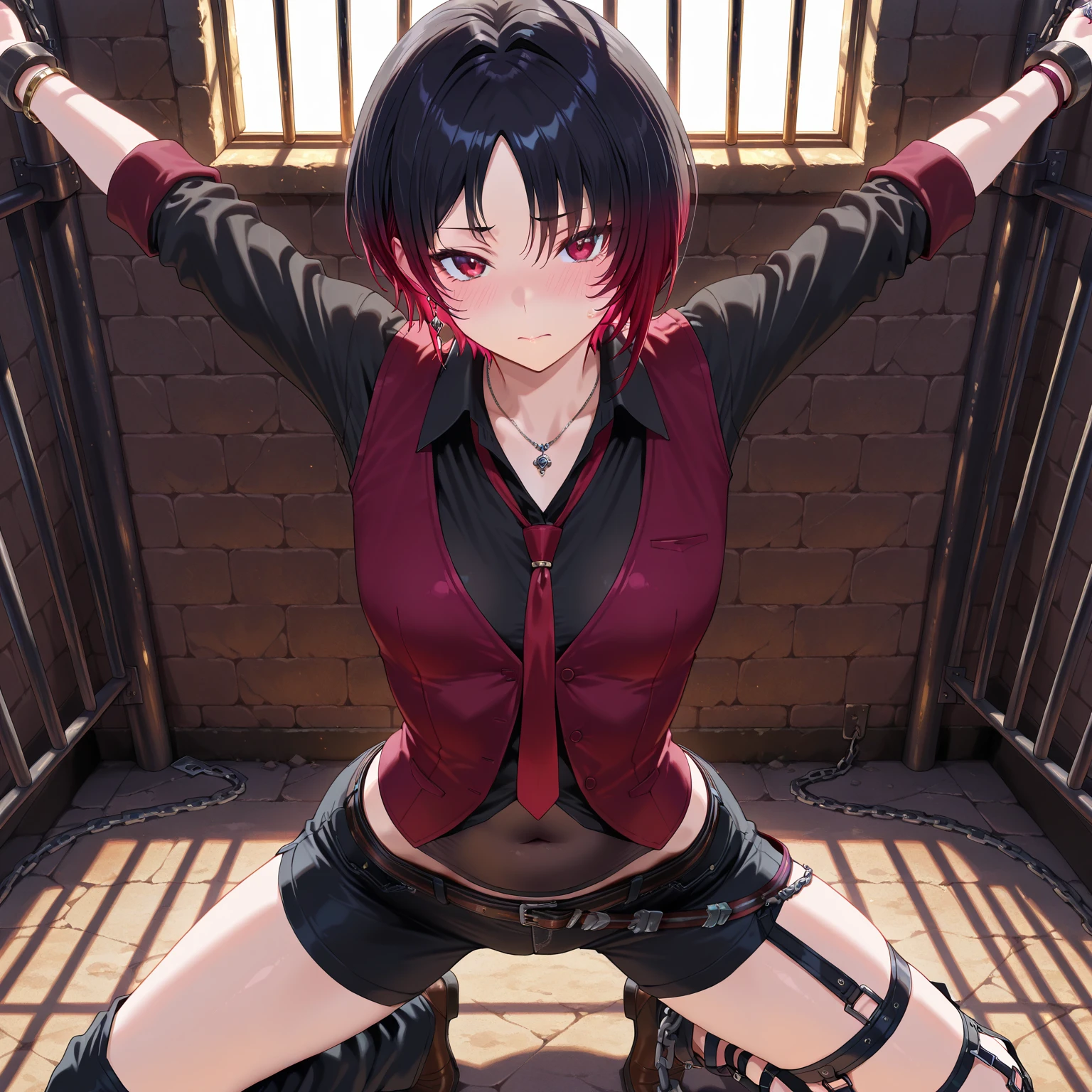 score_9, score_8_up, score_7_up, score_6_up, score_5_up, score_4_up, source_anime, 1girl, red hair, hair bun,black eyes, w-w-chain, spread arms, messy hair, white shirt,shorts,thigh high boots, prison,dungeon, best quality, best res, 4K UHD,