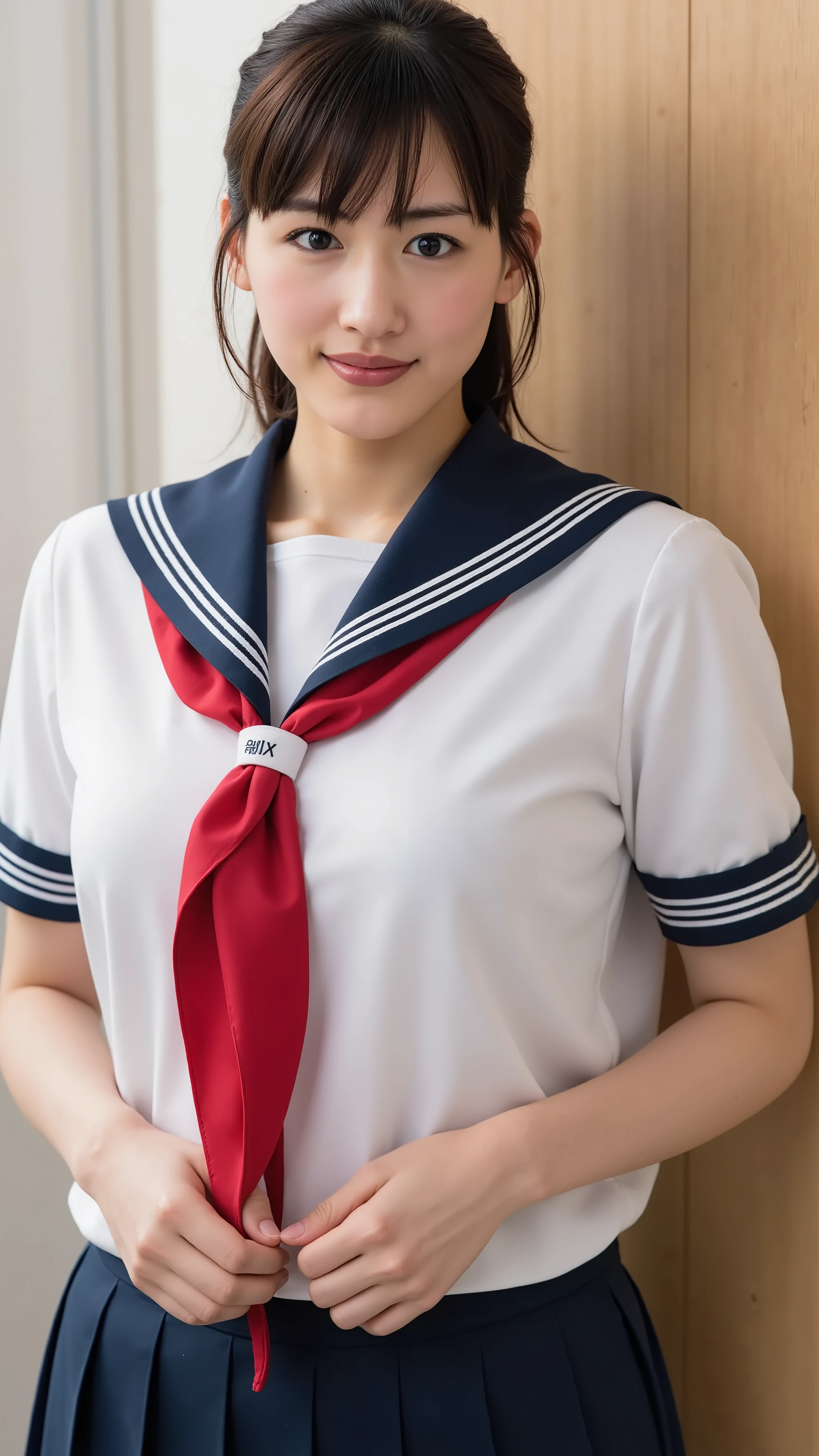 wearing a traditional Japanese uniform 、 The body is covered with a sailor suit with a white collar and dark blue lines 、 wearing a dark blue pleated skirt、 red scarf with black nose、((((( girls on the left:2.86))))),( masterpiece, top quality:1.9),8k, RAW photo ,nsfw, detailed skin,詳細な毛穴,baby face,(((Youngface):1.7)),(( young body):1.6), reality, hotel room 、sitting, panties, from below, (lean forward :1.67)、(huge breasts), full body、Black hair tied at the back of the neck、 if you stare shyly at the bangs、 hides my forehead 、braids