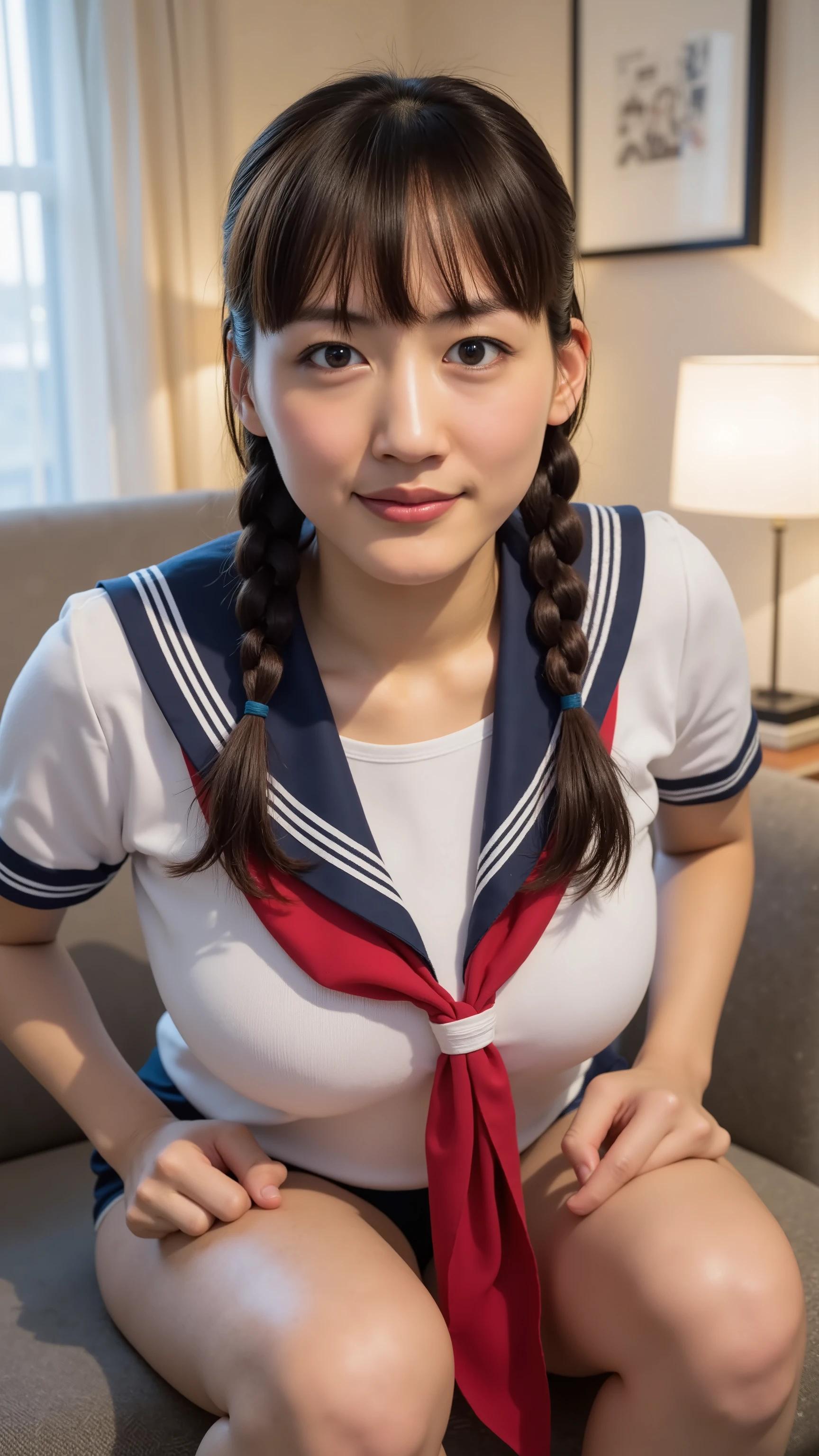 wearing a traditional Japanese uniform 、 The body is covered with a sailor suit with a white collar and dark blue lines 、 wearing a dark blue pleated skirt、 red scarf with black nose、((((( girls on the left:2.86))))),( masterpiece, top quality:1.9),8k, RAW photo ,nsfw, detailed skin,詳細な毛穴,baby face,(((Youngface):1.7)),(( young body):1.6), reality, hotel room 、sitting, panties, from below, (lean forward :1.67)、(huge breasts), full body、Black hair tied at the back of the neck、 if you stare shyly at the bangs、 hides my forehead 、braids