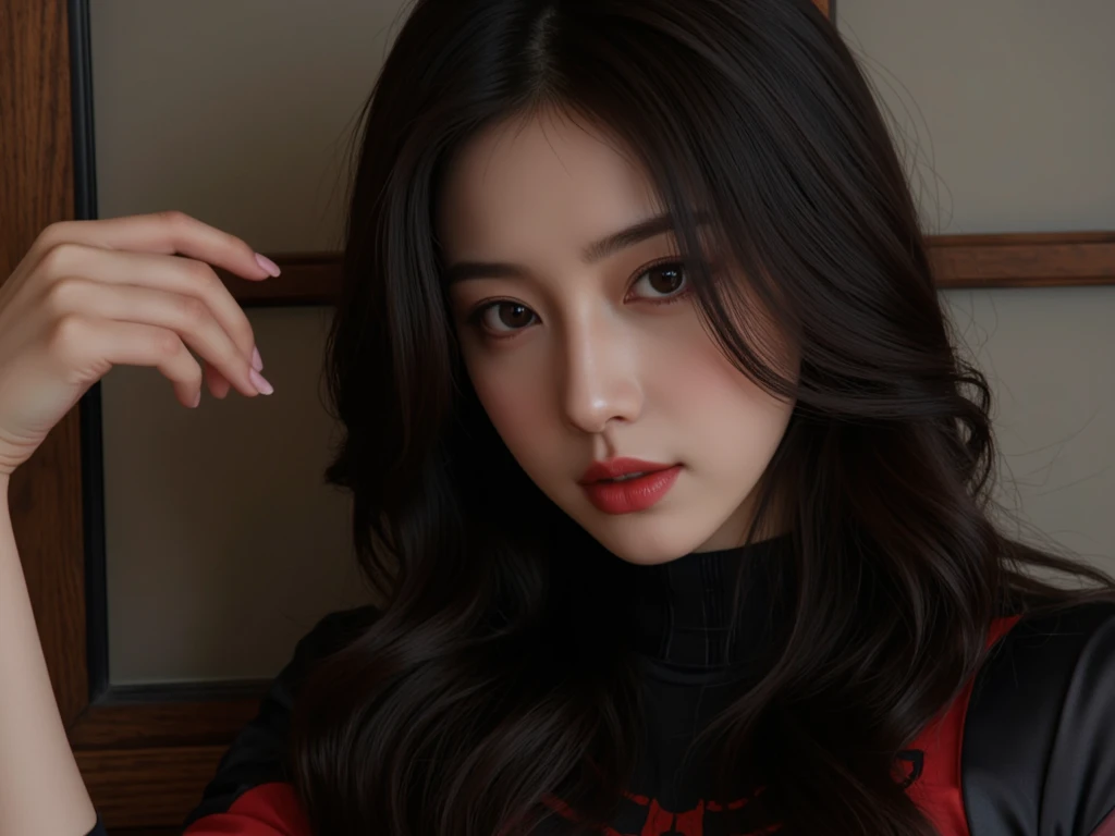 face to the viewer，Best quality at best，A high resolution，girl，solo，wavey hair，Nice face，Redlip，Black JK，high and cold，Inside the room，Rose flower，looking at the camera in，Close-up of people，Bust photo