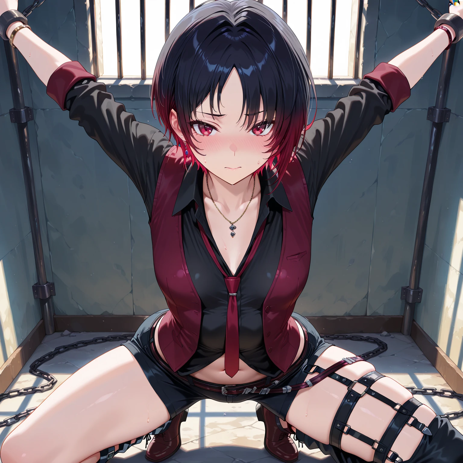 check_9, check_8_up,check_7_up,check_6_up,check_5_up,check_4_up,Use_Anime,young woman,on the knees,black hair,lattice,chains,room,stone,chained,day,shorts,shackles,on the hands,wrist,embarrassing,uhd