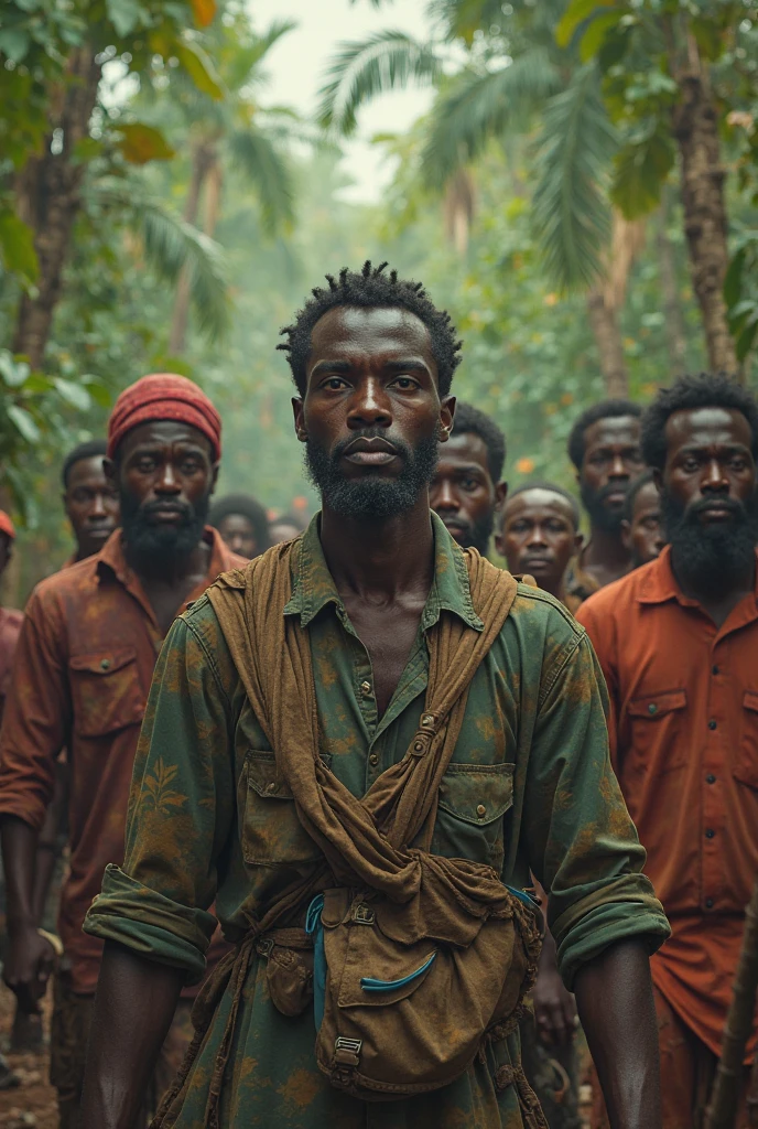 Brazilian slaves working handcuffed in a sugarcane mill thinking about their letter of manumission