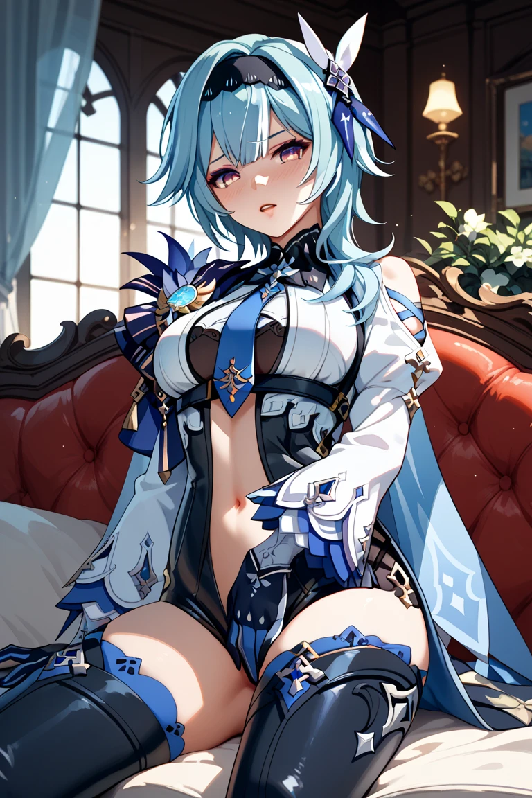 ganyudef, The upper part of the body, ssmile, Be red in the face, simple backgound, short detailed hair, looking at viewert, ,Wear black stockings,Lying in bed