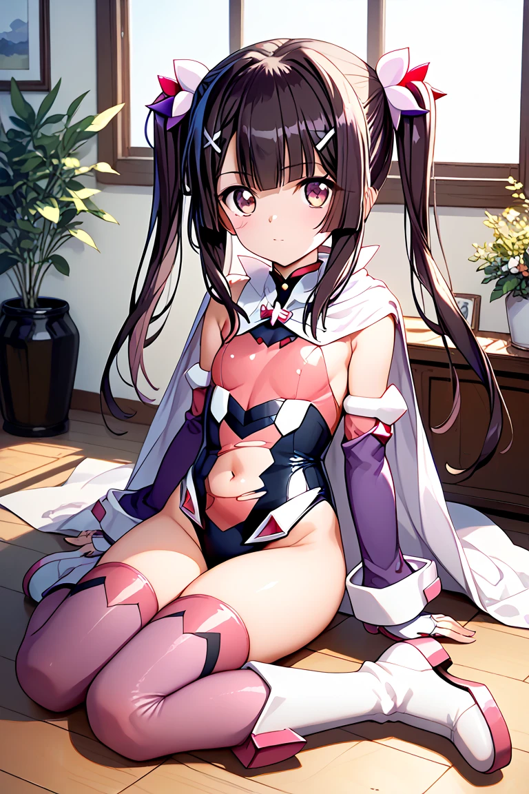 masterpiece, best quality, highres, aatsubone, long hair, one side up, hair ribbon, pink ribbon, brown eyes, turtleneck, bodysuit, bare shoulders, elbow gloves, white gloves, fishnets, black thighhighs, <lora:hatsume_no tsubone_v1:0.6>, sitting, sofa, crossed legs,