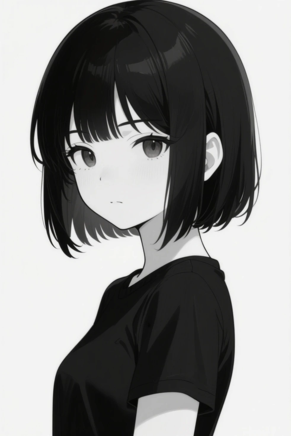 1 woman, alone, monochrome, grayscale, black short hair, portrait, t-shirt, closed mouth, looking at viewer, sketch, graphite \(middle\), small lips, hatching \(group\), Without makeup, upper body, (best illustration), (best quality), (very detailed), (masterpiece), forehead, 20s girl, small eyes, bangs,