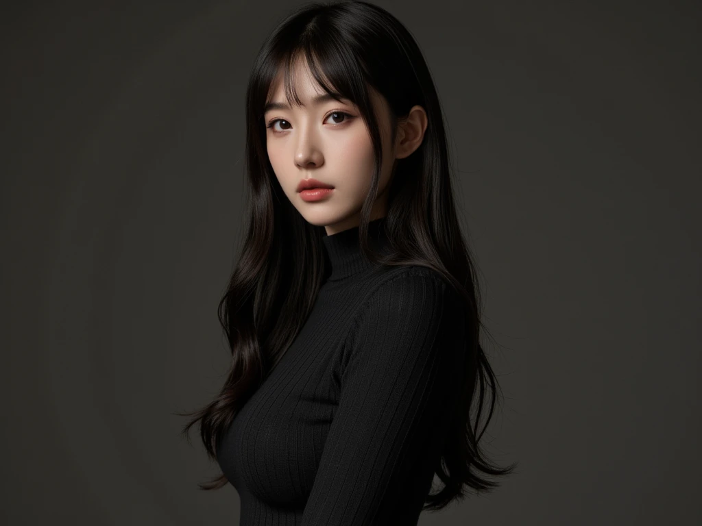 Best Quality, 8k, Masterpiece, (Portrait: 1.3), (photo realistic:1.4), (hyper realistic:1.4), Sharp Focus, looking at viewer, (smoother lighting:1.1), (increase cinematic lighting quality:0.9), realistic lighting, backlighting, light on face, ray trace, (brightening light:1.2), (Increase quality:1.4), sharp detail, (best quality real texture skin:1.4), finely detailed eyes, black_eyes, finely detailed face, 25 year old Korean woman