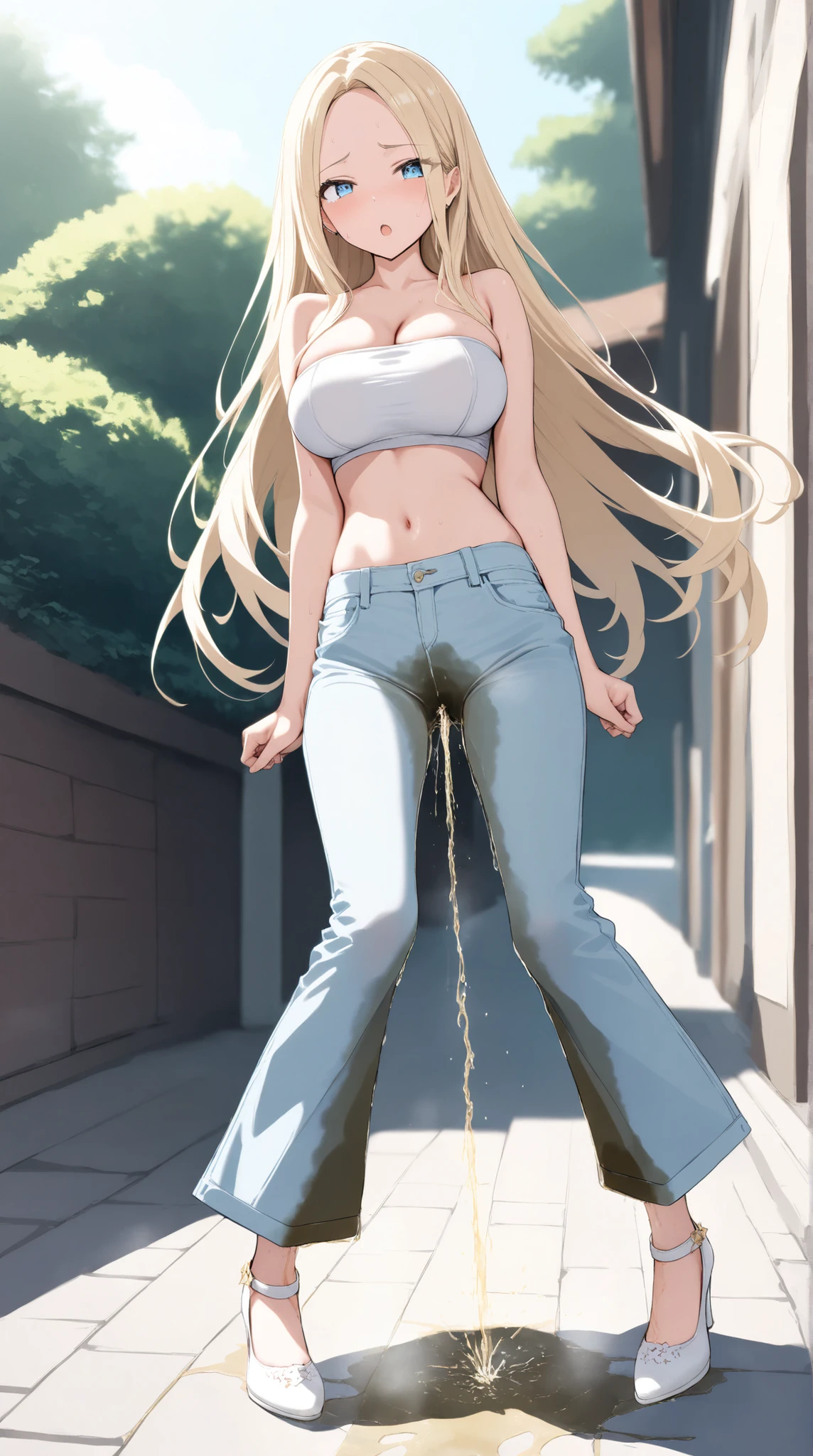((best quality, masterpiece:1.3, 8K)), (detailed), highly detailed face and skin texture, detailed eyes, downtown, full body, slender body, 2girls, 25 years old, white skin, bright lips, worried, embarrassed, long hair, (forehead:1.0), hard nipples, jeans pants, flares jeans, blue jeans, peeing jeans, peeing pants, pee stain, (wetting herself:1.5), desperation:1.5,