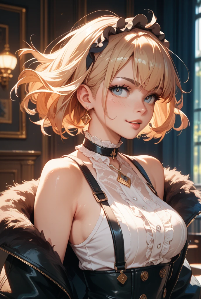 (Medium portrait:0.7), (best illuminate:1.1), (coiffed blonde hair:1.1), 1个Giant Breast Girl, Wolf ears, serious smile, Complex:0.6, medium, (ayaka:1.2), in the middle of the library, looking at book, Chopping:0.8, (canineteeth:0.4)