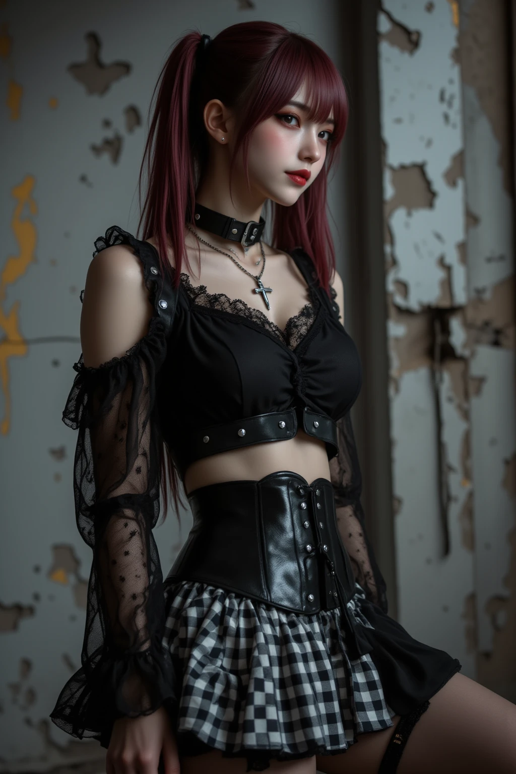 (Ultra-detailed eyes), (((textile shading))), (((Best Quality))), (((masutepiece))), (((Ultra-detailed CG))), sassy girl, (((magical ))), (), (tiny chest), black hair, black hair, black hair, black hair, Spooky Season In Punk hairstyle, ((messy hair, gorgeous hair)), Pink eyes, (((Spooky Season In Punk Outfits))), ((spooky punk a pose)), (((Game CG)) (gorgeous, sassy, it girl), fancy jewelry, haunted house, dark day, strong Spooky Season In Punk atmosphere, strong haunted house atmosphere, cowboy shot, midshot, centered image, eye on camera, heart panel baby tee, black pleated mini skirt, purple furry sleeve, hand gloves, pastel color