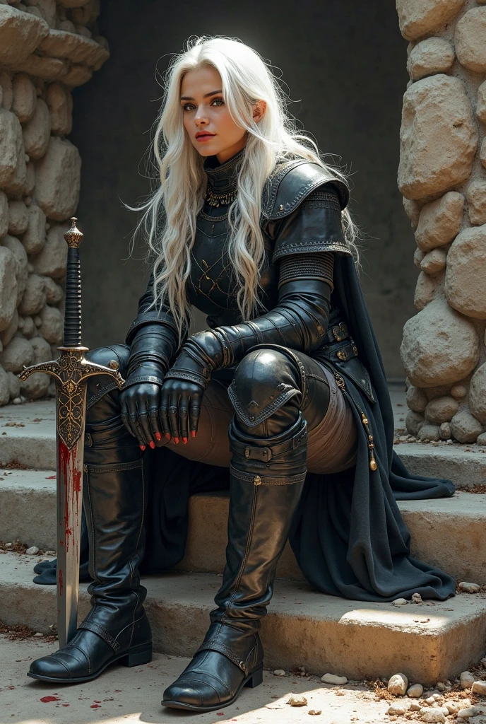 Skiny young elf Ash blonde violet eyes wearing sexy draconic armor, ((high heel boots)) and saber in her hand, Crouching down with one hand pushing hair out of her faceand sensual look. ((Full body)), ((wet floor))