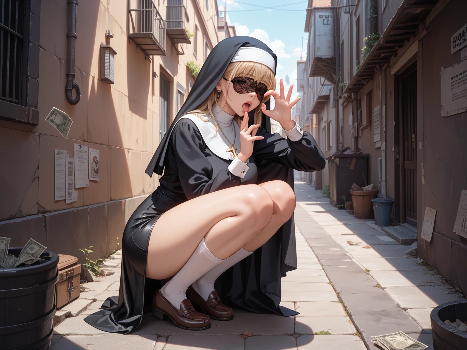 Dynamic shot, ((3 females)), A picture of (2 beautiful succubus girls) and (1 sexy nun) on a leash, nun and succubus, beautiful demon girls, dark, sexy, nun on a leash, (golden leash), collar, horror, dark, beautiful bodies, slim, horror style, highly detailed faces, stockings, leather tight boots, from above,
