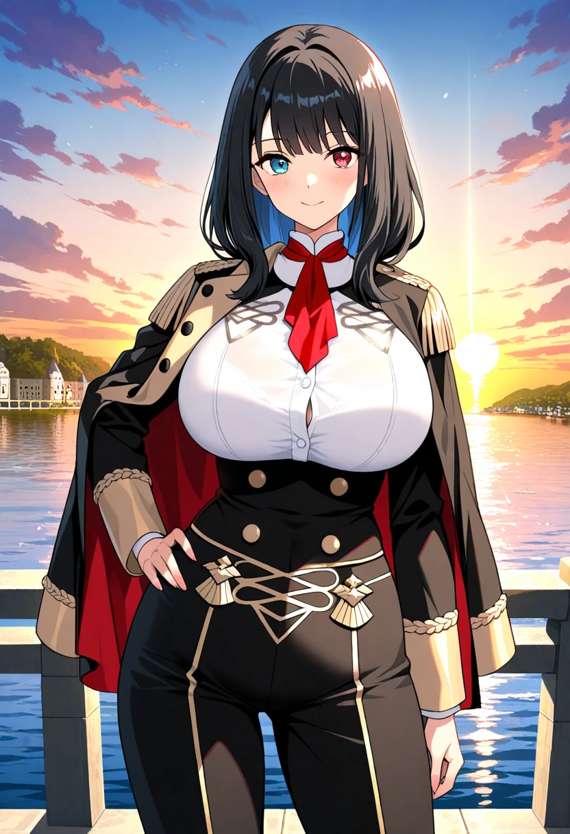 1 girl, masterpiece, (Shinobu Kojo) (best quality: 1.2), (Shinobu Koshu), colorful hair, purple eyes, black jacket, black skirt, uniform, white haori, Japanese costume, multiple butterflies, buttons, belt, lake, sunset, lens halo, perfect lighting, highest quality, hands behind the back, slender thighs, large breasts, longing