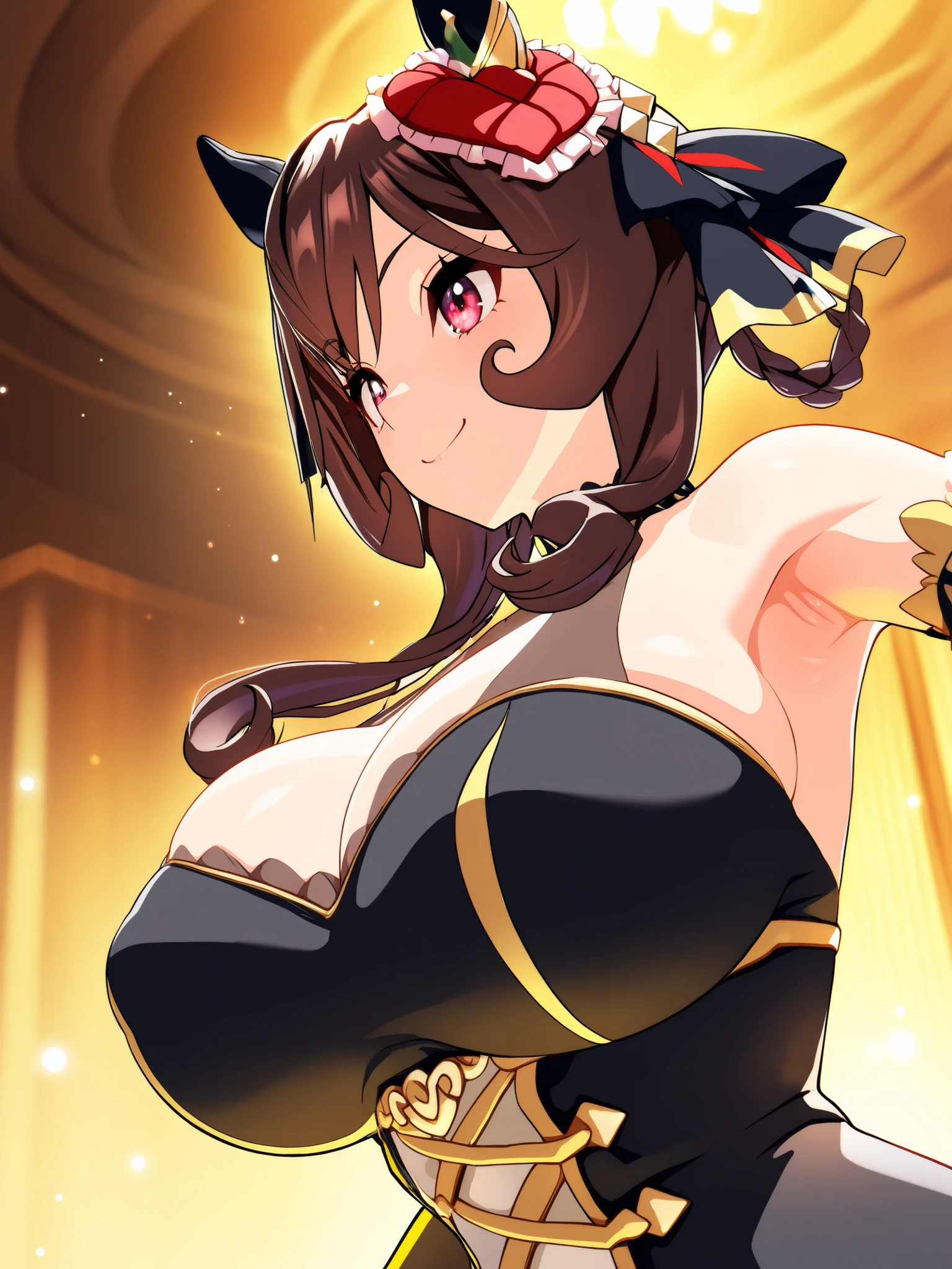 armpits,masterpiece, Transcendental Illustration, Highest Quality, light particles, ultra-details, 8k,anime screenshot without monologue,details,Absard Dress, Ultra High Definition, official art, solo, (girl), ((big breasts)), shiny hair, about, oily skin,Gentildonna \(Uma Musume\) ,sexy,big areolas,puffy nipples,Big Breasts,
1girl,smile,sexy dynamic pose,dynamic angle,make eye contact,crystal clear evening dress, Deep Crack,fluorescent neon color clothes,detailxl,(SuperQuality:1.0) ~ (SuperQuality:1.2)