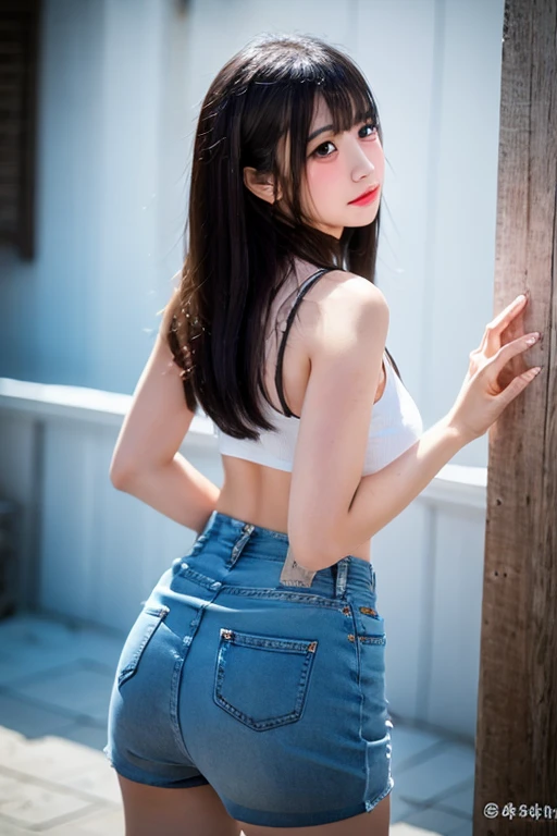 (best quality, 4k, Masterpiece, Ultra detailed, hyperrealism, RAW quality), 1 girl, with her back to the viewer, leaning on a classic metal railing, looking from the tenth floor, light air moving her hair, she: blue shorts, stockings thick, shirt, wings, loose hair, sunset.