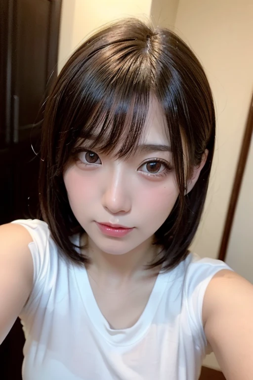 upper body, masterpiece, best quality, raw photo, photorealistic, big, face light, shiny skin, high resolution, super detail, detail, detailed eyes and face, sharp pupils, realistic pupils, sharp focus, shiny skin, cute smile, brown hair, sporty clothes, medium hair