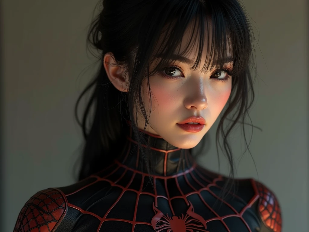 (wearing spiderwoman_cosplay_outfit:1.1), sexy cosplay, (red and blue clothing:1.3), good hand, 4k, high-res, masterpiece, best quality, head: 1.3, ((Hasselblad photography))RAW photo, (photorealistic: 1.37, realistic), highly detailed CG unified 8K wallpapers, 1girl, ((thick body: 0.8)), (breasts: 1.6), (HQ skin: 1.2, shiny skin), 8k uhd, dslr, soft lighting, high quality, film grain,  Fujifilm XT3, (full body: 0.9) (professional lighting: 1.6), sexy, (((large breasts)), (((big brunda)), (((((spider, black clothing))))), ((((wet))))