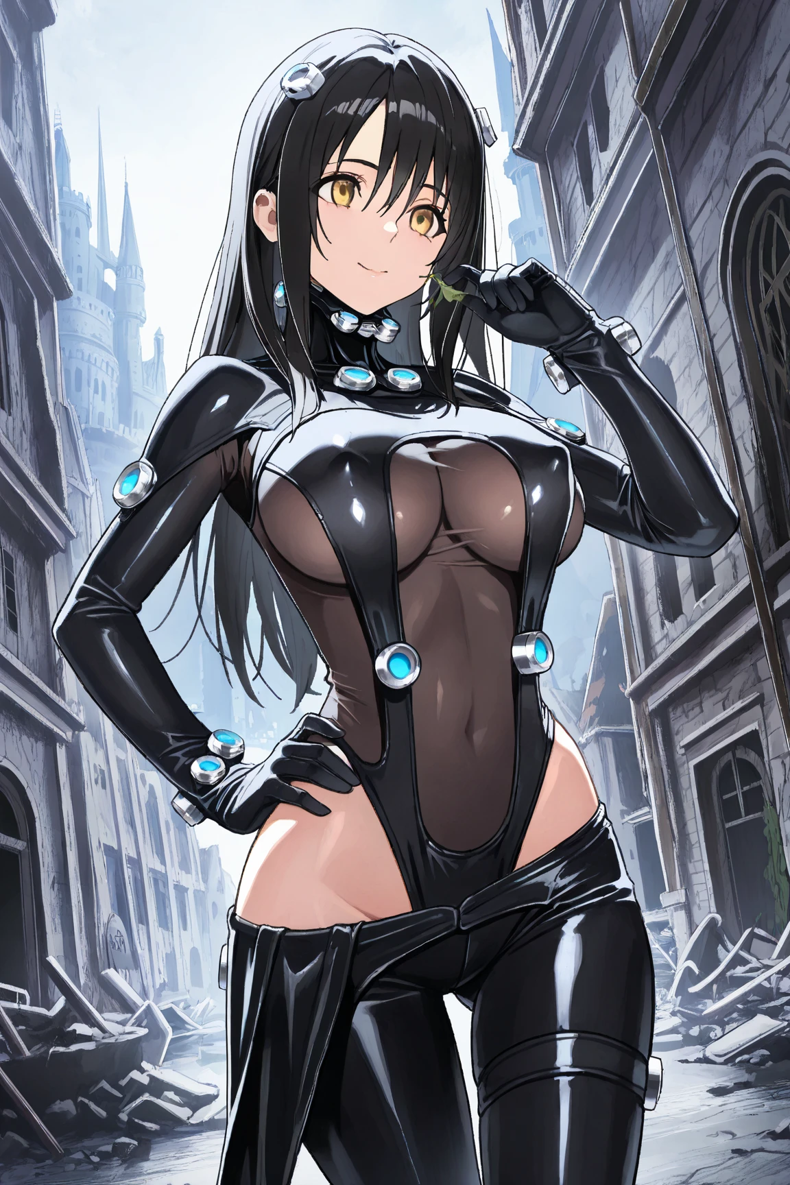 monochrome, greyscale, blood, fantasy, medieval, chromatic aberration, indoors, detailed background, night, 1girl, beautiful, solo, smiling, bare shoulders, sexy pose,