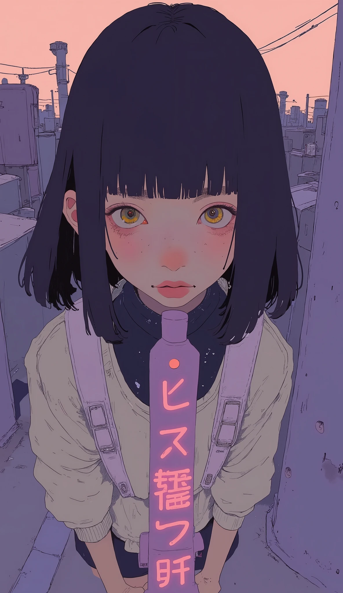 (masterpiece, 32k, 8k, white laboratory corridor setting, character walking towards the viewer) woman, 26 years old, naturally beautiful face, long black hair with pink highlights, cyberpunk outfit, different colored eyes, character speaking ( manga coloring)