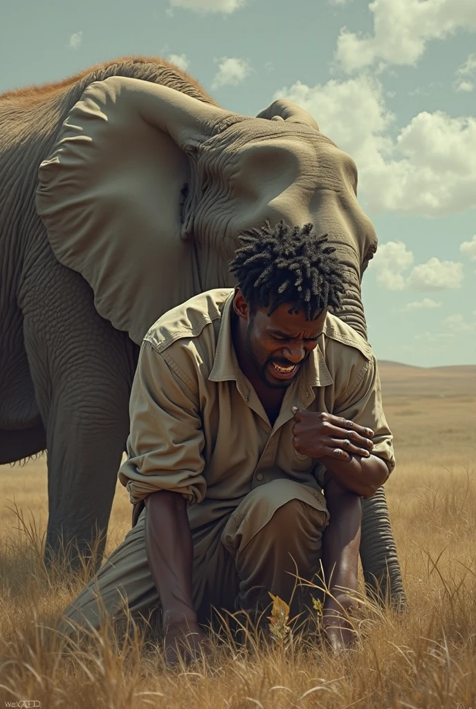 An elephant is on the ground sleeping while a black-skinned poacher removes its tusks or ivory with a saw in the African savannah in the African savannah 4k ultra realistic