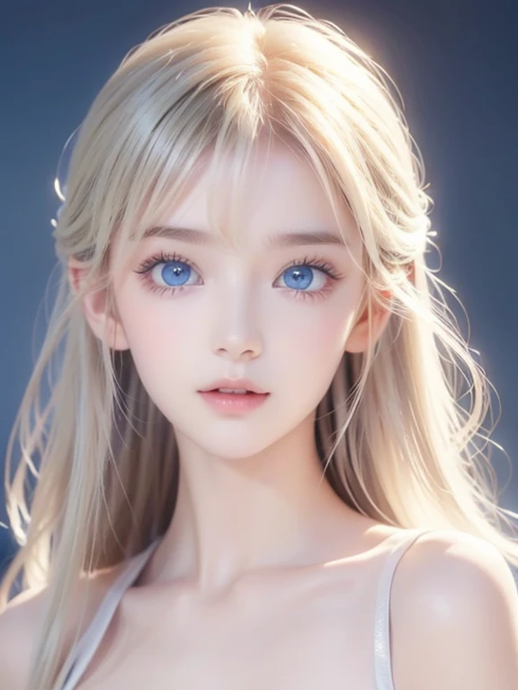Highest quality、masterpiece、Ultra-high resolution、(Photorealistic:1.4)、1 Girl、14 years old、The ultimate beautiful girl、Very beautiful shiny light pale blonde hair、Super long straight silky hair、bangs over eyes、片bangs over eyes、Blonde hair between the eyes、Blonde hair hanging in the center of the face、Big, very bright, pale blue eyes that shine beautifully、Very big bright eyes、Eye highlights、shoulder、Charm、Looking at the camera、Very white and bright skin、Small Face Beauty、Round face、A shy, gentle and bright expression、Looking up、Cheek gloss highlighter