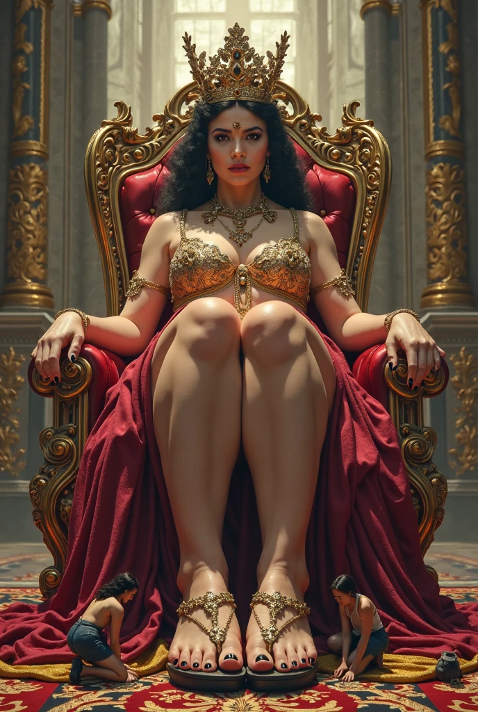arafed woman posing naked in a gold chair with a gold chain around her waist, a 3D render by Aleksander Kotsis, Artstation, arabesque, feminine and muscular, very beautiful. big muscles, massive muscles, exaggeratedly large physique, huge muscles, muscular girl, big muscles, big muscle, large muscles, muscular