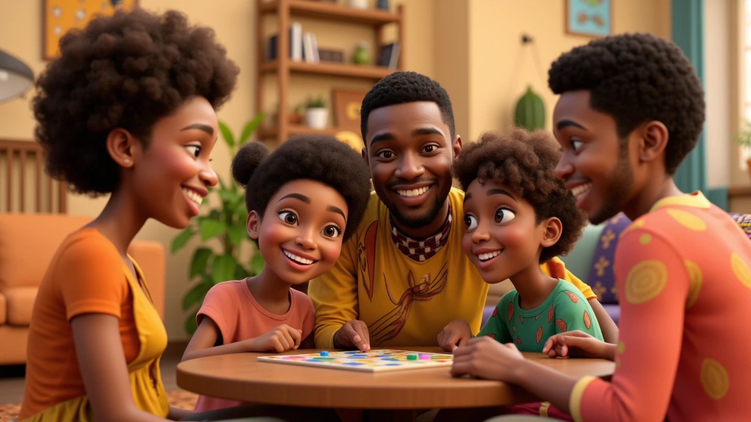 Cutting black child's hair, numa casa simples, com mesa, cadeira, tesoura, espelho, The smiling child and a line of children waiting