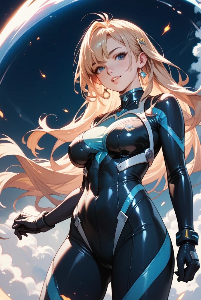 Girl with long blonde hair with blue at the bottom with a red gradient moving up to half way hair, red lips, big breasts, wearing a latex bodysuit