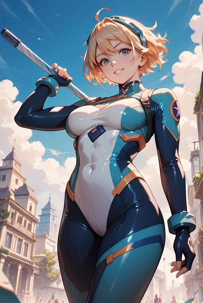 masterpiece, best quality, hires, 1girl, medium breasts, ((leotard, light blue leotard)), long sleeves, ((lighting bolt (emblem) on chest)), (bare legs), (fastened tight belt), boots, matching boots, gloves, city backdrop, solo, single, standing, full body shot, cowboy shot, superhero, beautiful detailed eyes, blonde hair, (short hair, wavy hair), high school backdrop, outdoors, mature lady, teacher, perfect body, good proportions