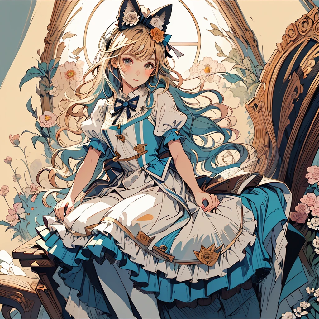 masterpiece, Highest quality, Portraiture, 1 Girl, (Alice in Wonderland:1.2), Blue clothes, White apron, Blonde, blue eyes, Usagi, Trump, Tea cup, White lace thigh high socks, Miniskirt lift, Half Body, Dynamic pose