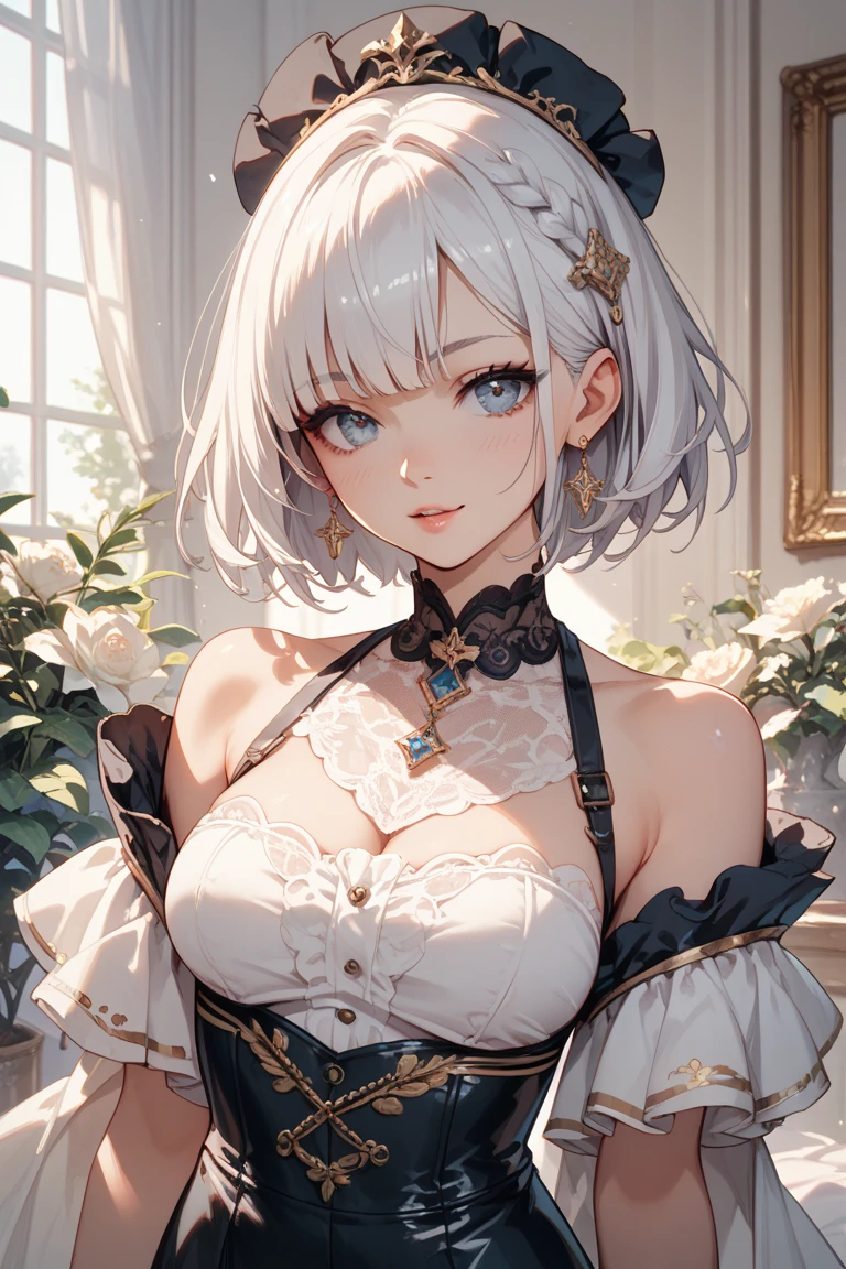 masutepiece high-level image quality 最high-level image quality 8K adult lady Portrait blancheロンググローブ((blanche)(Long gloves)) an lingerie(blanche) Wolf ears shorth hair((short-cut)(White hair)(perm)(fluffly)) expressioness((Beautiful lips)(closing eye)(kiss face)) put your hands on your ears The upper part of the body