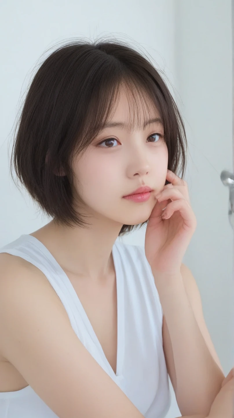 1 Girl, (Naked Girls:1.4), ((No underwear:1.4))、((Wearing makeup:1.4))、((Facing forward:1.4))、((View Camera:1.3))、((Blonde short cut:1.5))、(("It's a secret" - pointing at your mouth:1.5))、Very beautiful Japanese idol portraits,
(RAW Photos, Highest quality), (Realistic, Realistic:1.4), (masterpiece),
Very delicate and beautiful, Very detailed, 2k wallpaper, wonderful, finely, Very detailed CG Unity 8K 壁紙, Very detailed, High resolution, Soft Light,
Beautiful detailed girl, Very detailed目と顔, Beautiful and sophisticated nose, Big beautiful eyes, Cinema Lighting,
(Simple light color background:1.3),
(Medium Hair), (Parted bangs),
Complete Anatomy, Slender body,Big Breasts, Sensual look