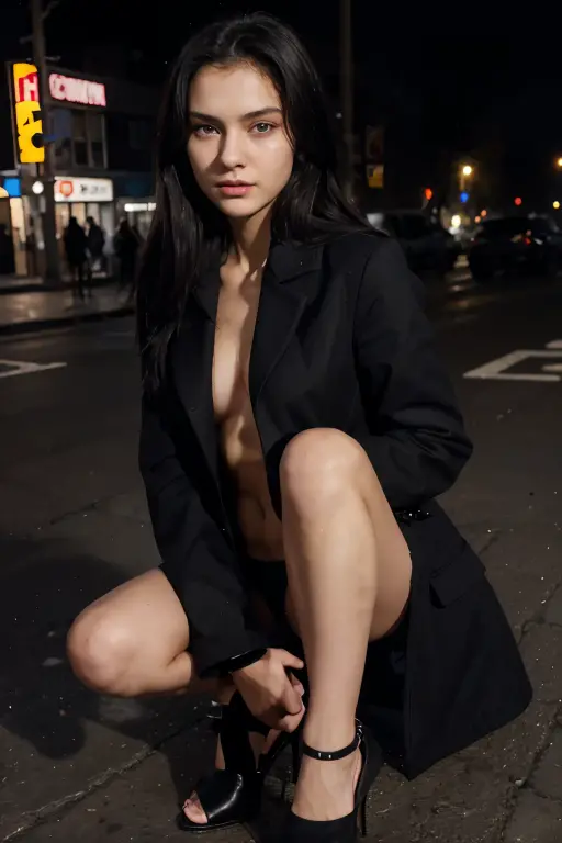 Jessica Henwick with long black hair, nude, standing in a city street, (best quality,4k,8k,highres,masterpiece:1.2),ultra-detailed,(realistic,photorealistic,photo-realistic:1.37),beautiful detailed eyes,beautiful detailed lips,extremely detailed eyes and face,longeyelashes,urban environment,city buildings,street lamps,cinematic lighting,warm tones