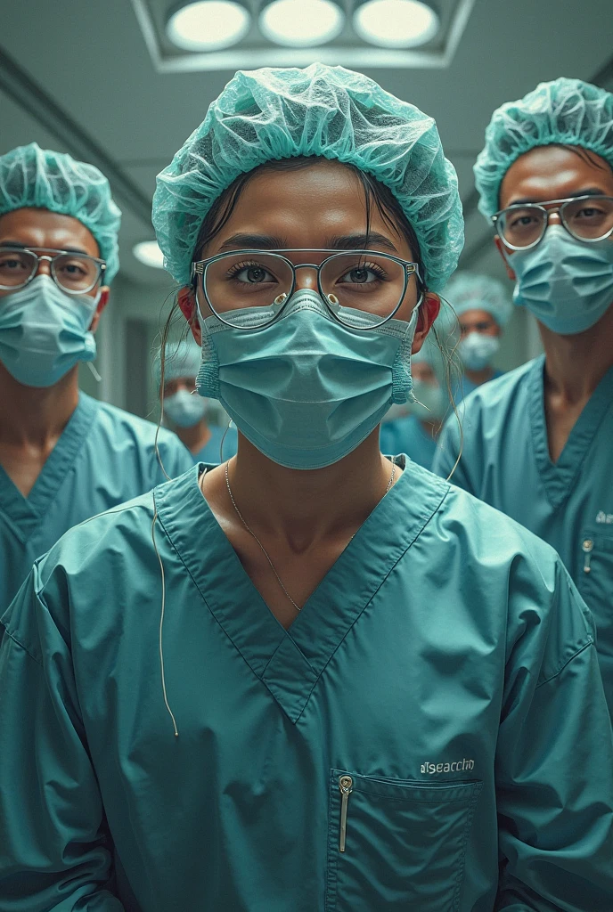 Masked female doctor who's horrified and tensed along with doctors fraternity supporting and standing in solidarity beside her