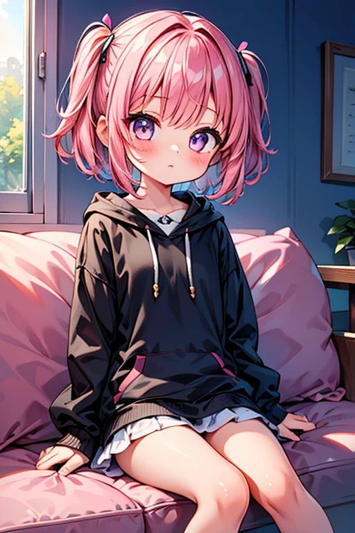 Saika have 14 years old, she is a girl, she has short striking pink hair that falls in soft waves around his face, complementing her vibrant purple eyes. Her features are sharp and defined, with a youthful charm that is accentuated by her slender build. She often wears a oversized sweat with cute skirt and cute Stocking with ribbon at the end, completing her edgy and modern look, she is in her bedroom adn she wear a diaper.