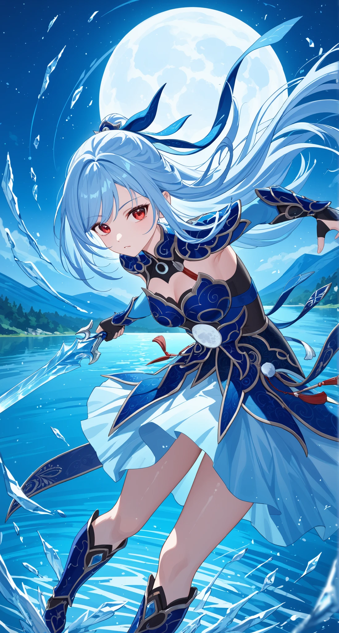 nsfw,Jingliu,glass cover,side shot,alternate color,masterpiece,detailed illustration,lifelike,{{{1Jingliu}}},shiny beautiful woman,cinematic lighting,dynamic angle,dynamic pose,depth of field,looking at viewer,1girl,jgsd,red eyes,blue armored dress,white skirt,tassels,hair ribbon,black gloves,blue sleeves,armored boots,light blue skirt,frozen lake,night,full moon,fighting,ice large sword,expressionless,floating in the air,leaning forward