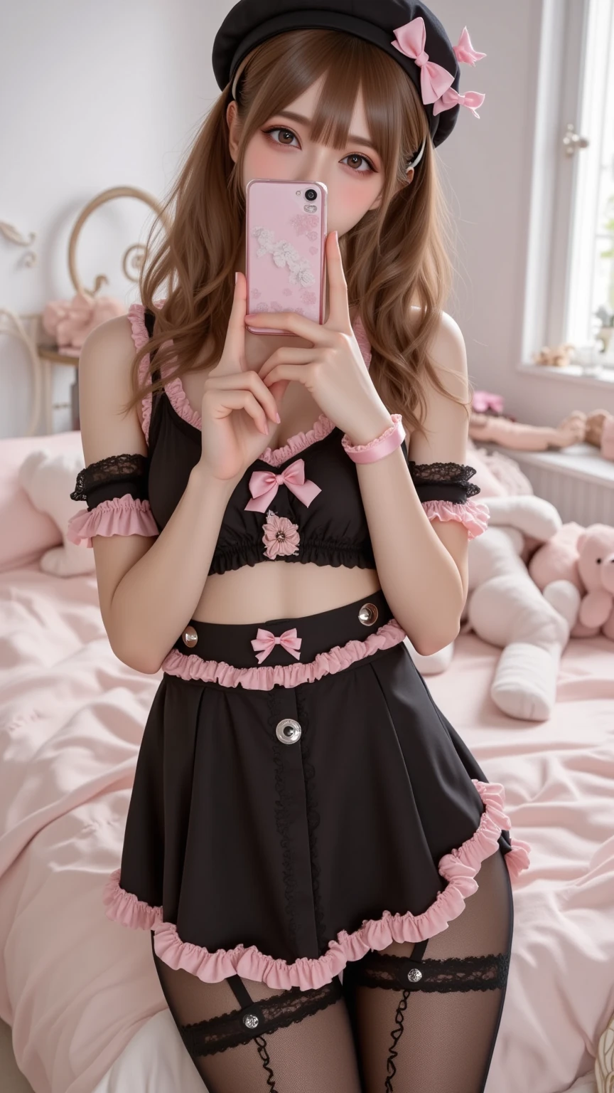 (1young girls), Brown hair, Amazing face and eyes, Pink eyes, (Maid café costume with frills, Pleated mini-skirt:1.5), (Maid café costume with wide open chest:1.1), Beautiful big breasts, bared  chest, (amazingly beautiful girl), Brown hair, Stylish hair ornaments, (Best Quality:1.4), (Ultra-detailed), (extremely detailed CG unified 8k wallpaper), Highly detailed, High-definition raw color photos, Professional Photography, Bedroom, ((Lying face down in bed)), Head on pillow, Spread your legs open,