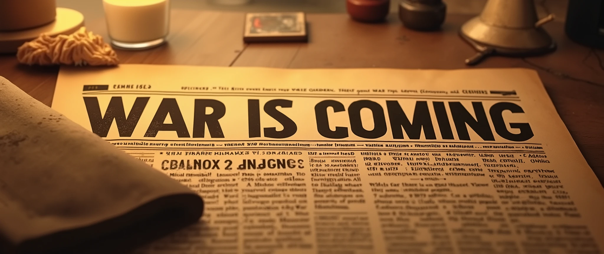 I imagine an image with a look that is reminiscent of an old newspaper, with yellowed pages and a vintage style. The news seems to be about a serious topic, with the phrase "War is coming" standing out, which conveys a sense of alert and concern. This composition should create an atmosphere of nostalgia and tension, as if it were news from a turbulent period.. Complex clothing textures, warm lighting, cinematic and photorealistic composition, vibrant colors, depth of field (best quality, 8K, high resolution, masterpiece: 1.2), ultra detailed (realistic, photorealistic, photorealistic: 1.37), cinematic lighting, dramatic shadows, war scene.