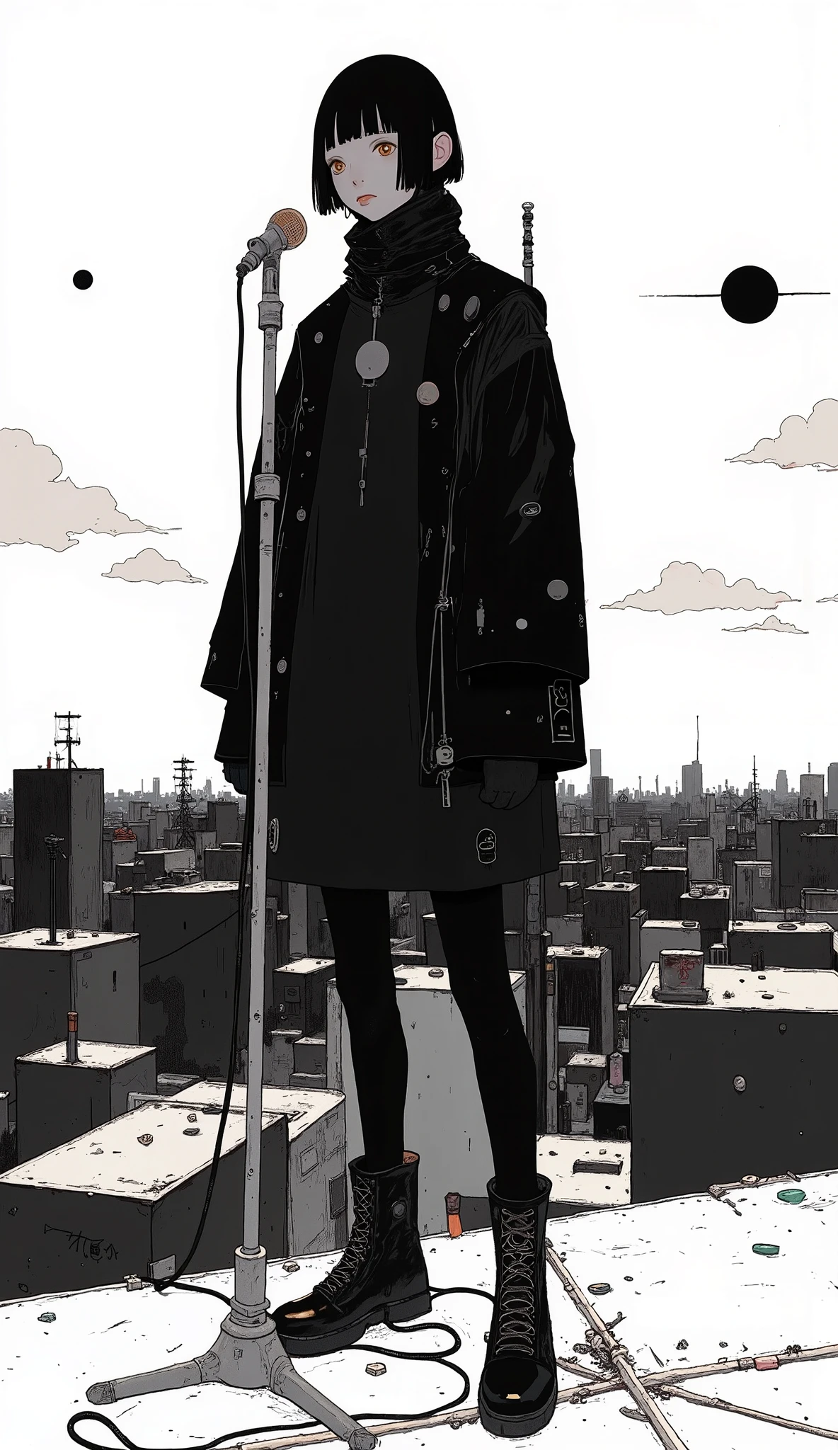 Picture of a man standing on stage with a microphone, Tsutomu Nihei style, Yoroizuka Toshihiko , As Manga Panels, by Kikugawa Eizan, mixed style by Tsutomu Nihei , Black and white comic panel , black and white manga page, Illustrations by Shigenori Soejima