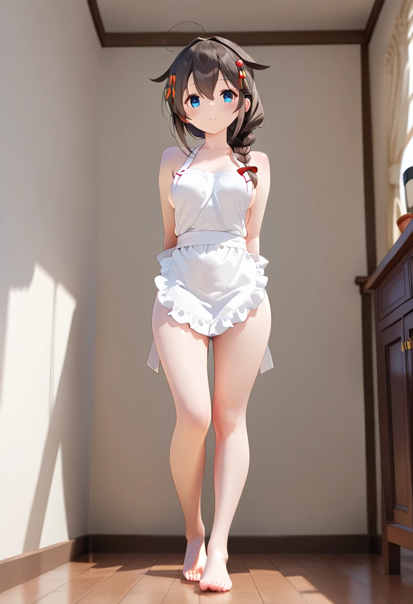 1womanl, (standing alone:1.9),  work of art, best qualityer, high qualiy, High definition, finely detailled, detailed texture, realistic representation of the face, (vulgarity:1.5), (orgasming:1.5), (drooling:1.3), ssmile, (vapour:1.3), (white transparent thigh high socks:1.5), (long transparent white satin gloves:1.3), (glare eyes), (delicate face beautiful detailed, beautiful detailed eyes, a face of perfect proportions, highly detailed skin, best proportion four fingers and a thumb, (((Bright, glowing white skin))), (legs spread open:1.5), (breasts big:1.4), (sitting on a bed with one knee up:1.5), ((smooth texture, realistic texture)), (greeneyes:1.3), (Crop top white shirt:2.0), (micro thong:1.2), (under the chest:1.7),  (Even style for upper body only:1.5), (white short shirt), (へそ), (beautiful  face, cute face, face detailed), (high heel shoes:1.5), (red ribbon tie:1.1), chestnut hair