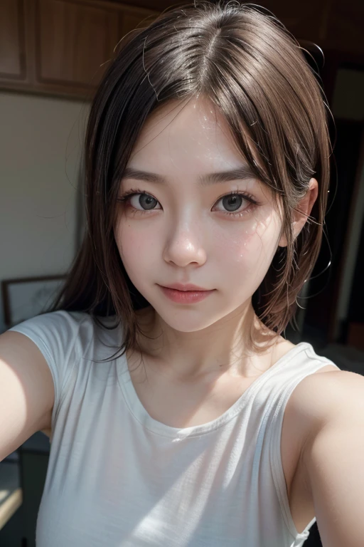 Beautiful woman、Kawaii Woman、Around 26 years old、A detailed face、Detailed eyes、Detailed skin、detailed hairs、super realistic picture quality、An ultra-high picture quality、8K、Shy smile、Tomoyo Harada、Smiling、((A slightly longer face))、(white teeth smile), ((Fisheye)), ((Selfie)), Wind, hair messy, Sunset, Cityscape, (Aesthetics and atmosphere:1.2)、