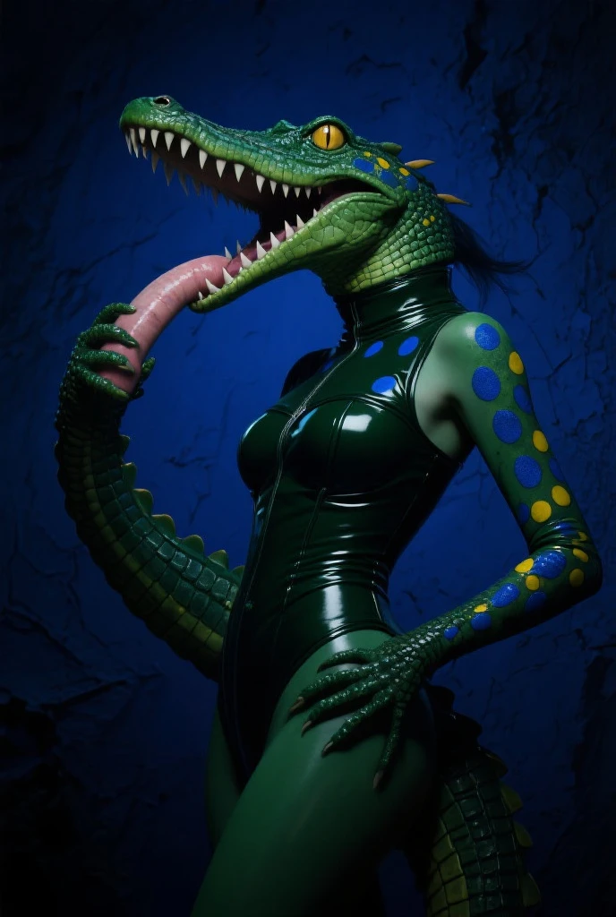 "Create a photorealistic 8K artwork showcasing a solo woman transformed into an anthro crocodile creature. Emphasize high detail and quality for a captivating and realistic portrayal.

The woman should have sharp teeth, reflecting her crocodile transformation. Dress her in a sleek one-piece swimsuit that complements her new form. Cover her entire body with intricately rendered crocodile scales, highlighting her transformation with exceptional realism. Sculpt her with large, muscular, and toned breasts, a voluptuous hourglass figure, and broad hips.

Give her hands crocodile webbed claws, enhancing her reptilian features. Her eyes should mesmerize in a captivating shade of blue. Complete her transformation with a tail emerging from her lower back.

Let her long, elegant hair flow gracefully, a beautiful contrast to her reptilian nature. Place her in a swamp setting, with a prominent radioactive warning sign as a backdrop, creating a compelling atmosphere.

Achieve the highest quality and photorealism, capturing viewers’ attention with intricate details. Immerse them in the astonishing transformation of this anthro crocodile woman."

(Scales:1.4), (sharp teeth:1.3), (muscular body:1.6), (one-piece swimsuit:1.4), (large breasts:1.3), monster,