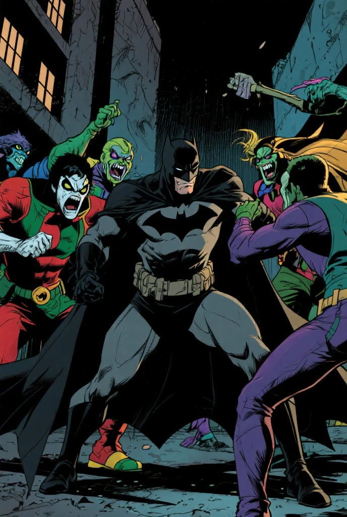 Batman, from front, super fine, middle-aged man, hunk, looking down and mouth wide open with shocked face, Batman's crotch squeezed by many Joker,