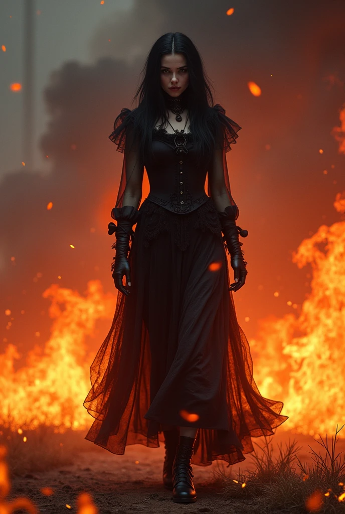 A dark, ominous wedding scene where the evil queen is forced to wear iron shoes. The background is gloomy, with flickering firelight casting eerie shadows as she dances in despair