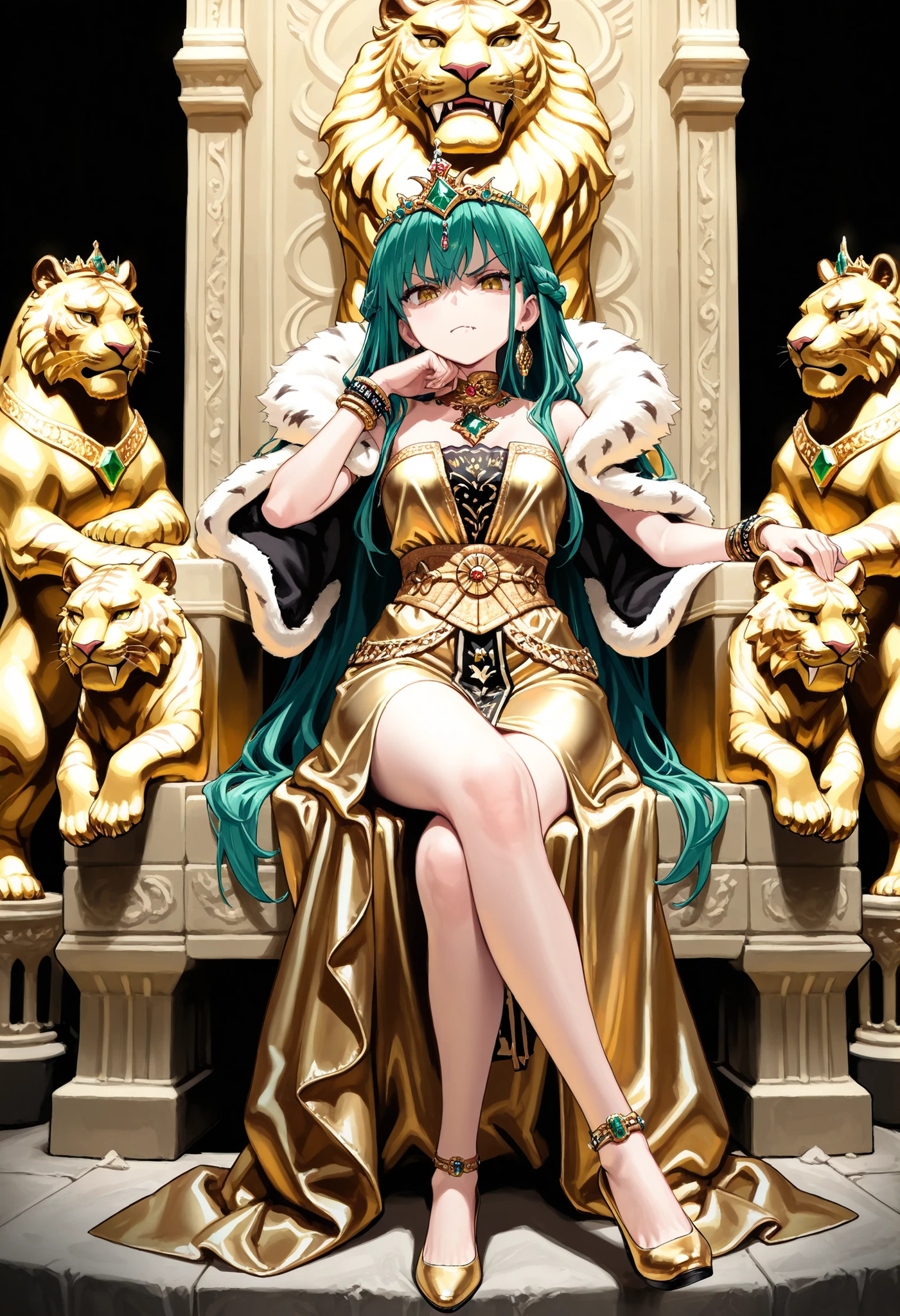 (((Best quality, 8k, Masterpiece: 1.3)), ((best quality)), ((masterpiece)), (detailed), perfect face, Queen, glaring, Dignity, regal presence, A gold dress, a dress studded with jewels, Golden Chignon, Emerald hair ornament, sitting on a throne, sitting cross-legged, The Queen is resting her chin on her hand, her right arm on the armrest. The Queen holds a glass of brandy in her left hand, At the foot of the statue sits a tiger, baring its fangs to intimidate the viewer in defense of the queen.
